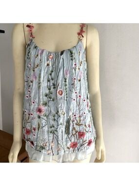 NWT Tina Stephens Italian Silk Maria Embroidered Floral Celestial Blue Cami OS